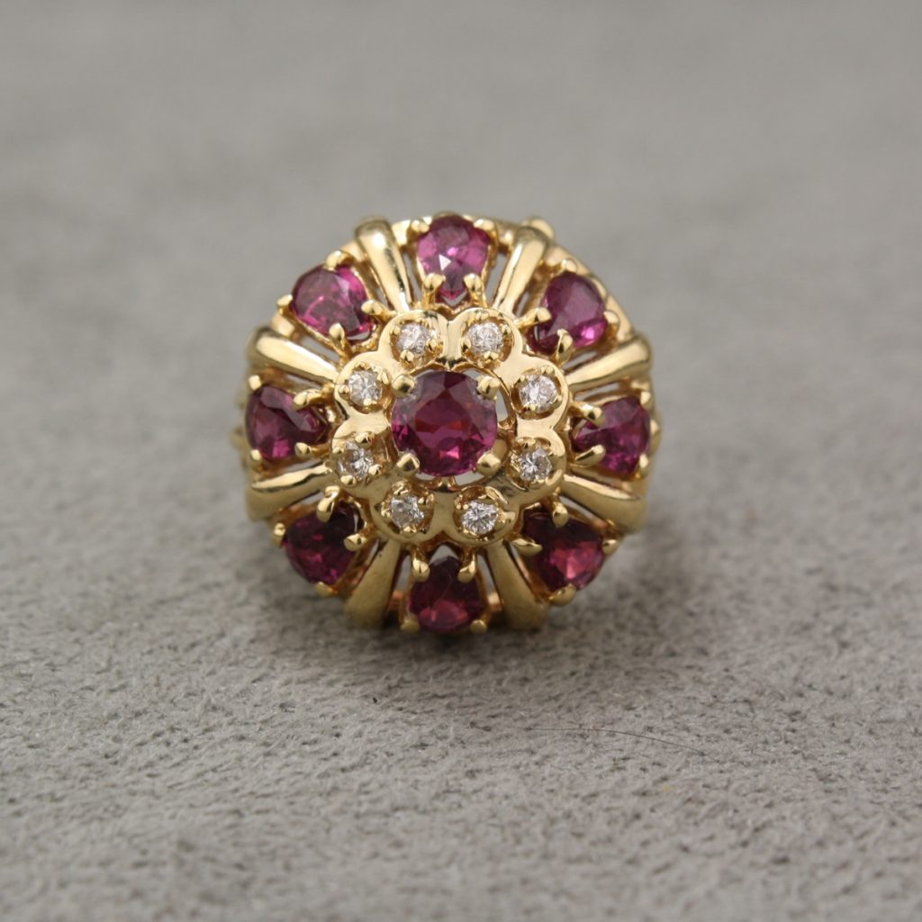 Vintage 14 Karat Yellow Gold Ruby and Diamond Cluster Ring