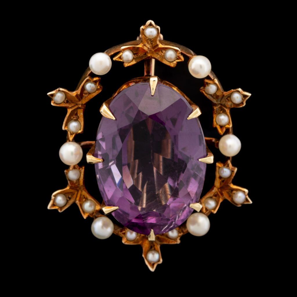 Antique 15.0 Carat Amethyst & Pearl Brooch in 14K