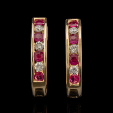 Pre-Owned 14K Ruby & Diamond Hoop Earrings