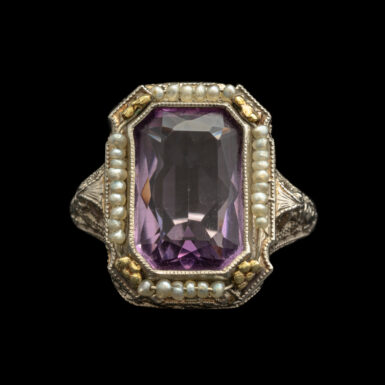 Antique Amethyst and Natural Pearl Filigree Ring in 14K