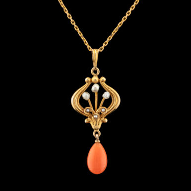 18K Art Nouveau Pearl and Coral Lavalier Pendant