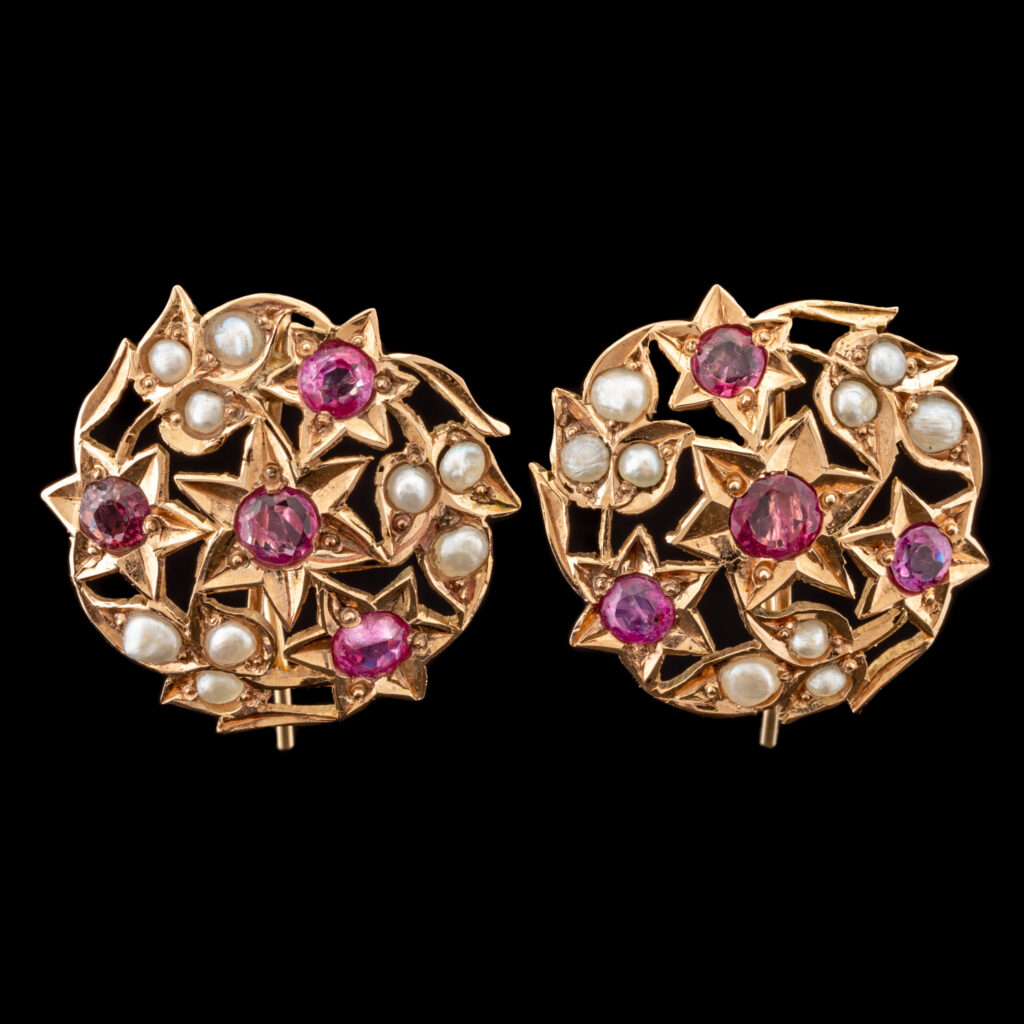 Vintage Ruby & Pearl Earrings in 14K