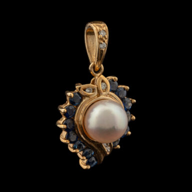 Pre-Owned Pearl, Sapphire & Diamond Pendant in 14K