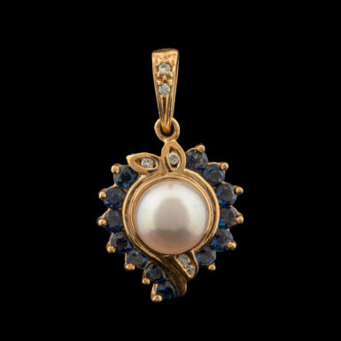 Pre-Owned Pearl, Sapphire & Diamond Pendant in 14K