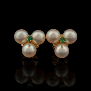 Pre-Owned Pearl & Emerald Stud Earrings in 14K