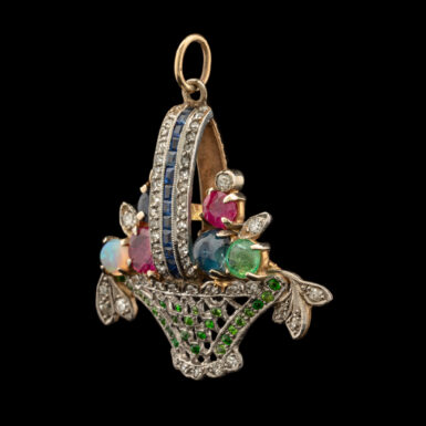 Antique Tutti Frutti Flower Basket Pendant in Platinum & 14K