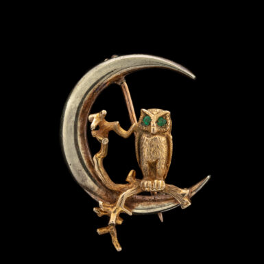 Antique Brooch in 9K: Owl in a Tree with Crescent Moon