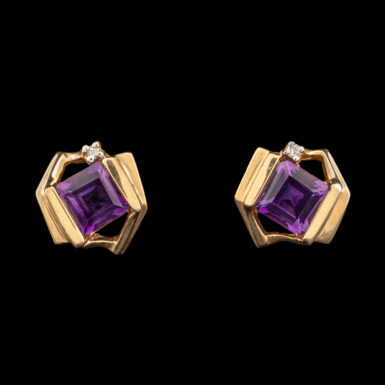 Pre-Owned Amethyst & Diamond Post Earrings in 14K