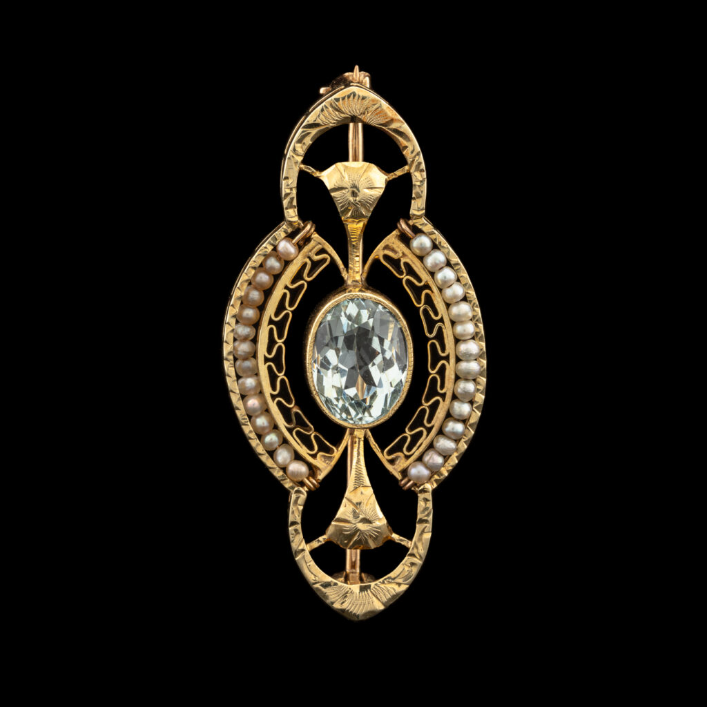 Antique Filigree 14K Aquamarine & Seed Pearl Brooch