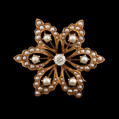 Antique Victorian Diamond & Pearl Star Brooch in 14K