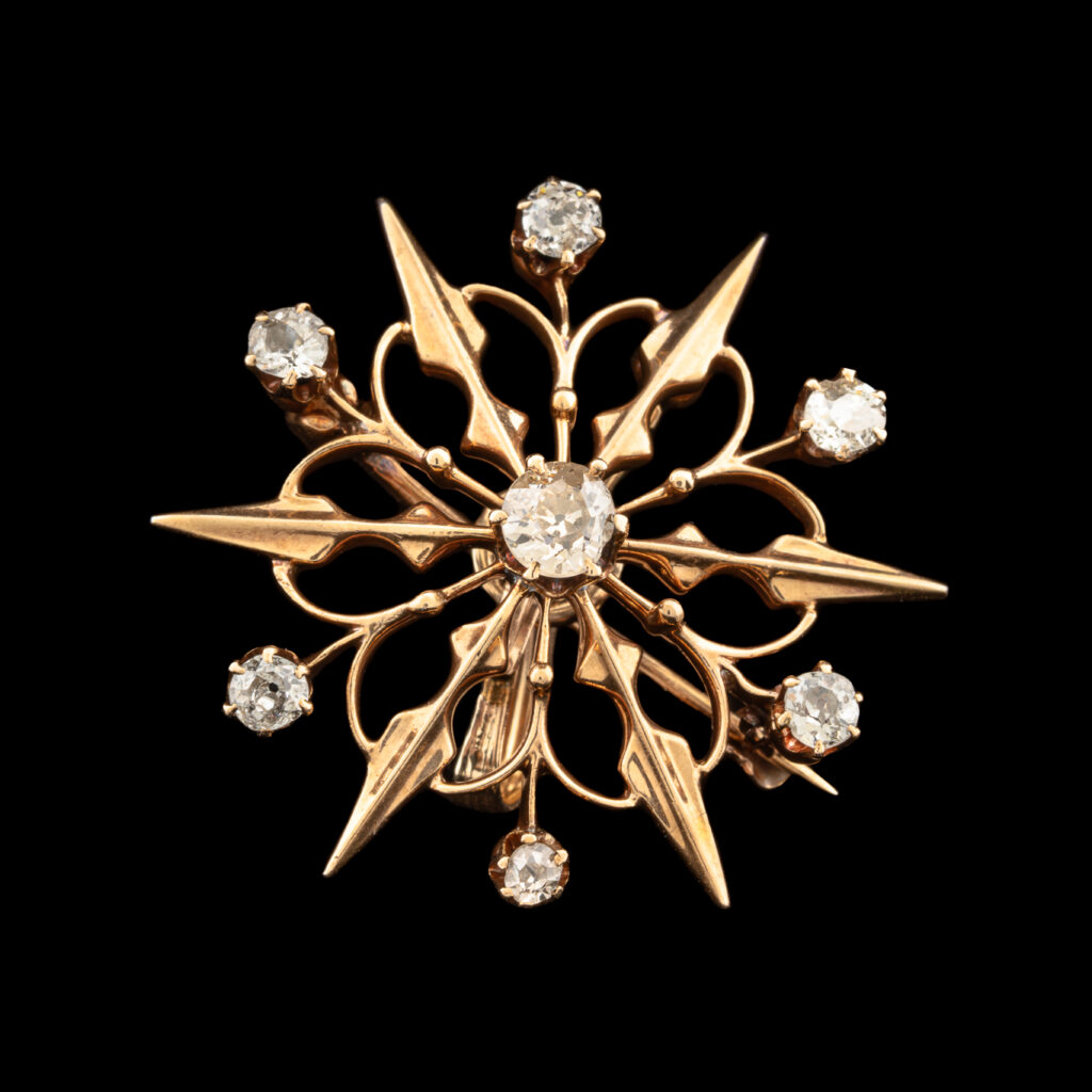 Antique Old Mine Cut Diamond Snowflake Pendant/Brooch in 15K