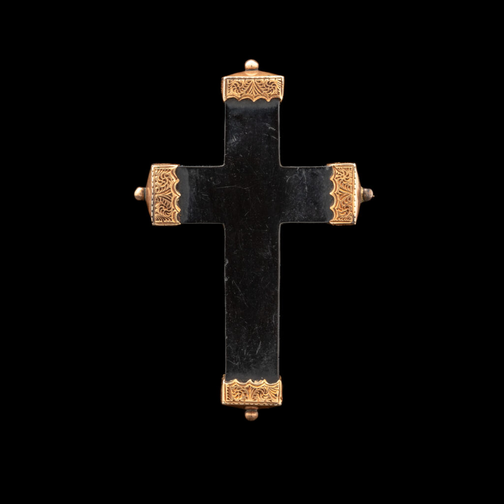 Victorian Whitby Black Jet Mourning Cross in 14K Yellow Gold