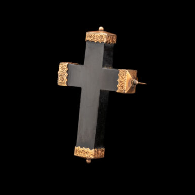 Victorian Whitby Black Jet Mourning Cross in 14K Yellow Gold