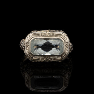 Antique Aquamarine Filigree Ring in 14K White Gold