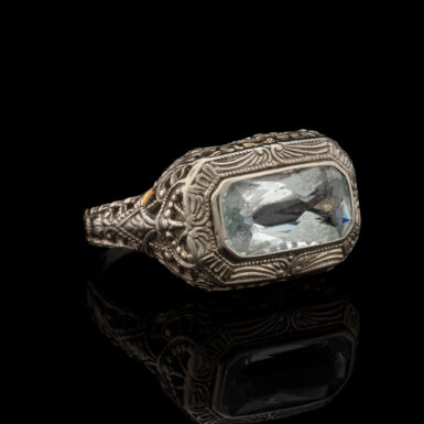 Antique Aquamarine Filigree Ring in 14K White Gold