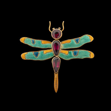 Antique Art Nouveau Garnet Dragonfly Brooch in 14K