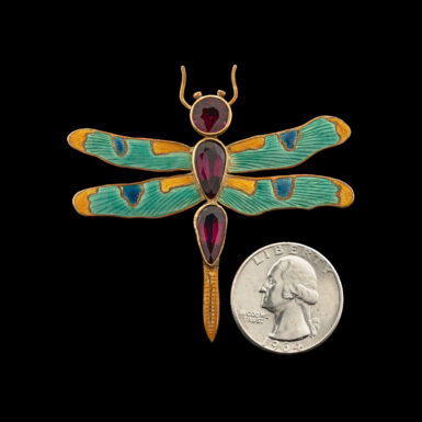 Antique Art Nouveau Garnet Dragonfly Brooch in 14K