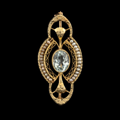 Antique Filigree 14K Aquamarine & Seed Pearl Brooch