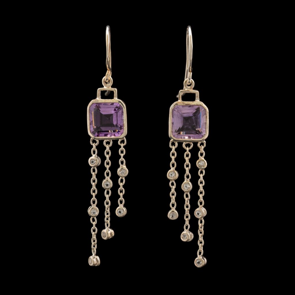 Pre-Owned Amethyst & Topaz Dangle Earrings in Sterling