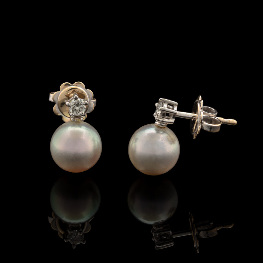 Pre-Owned Silver Pearl & Diamond Earrings in 18K