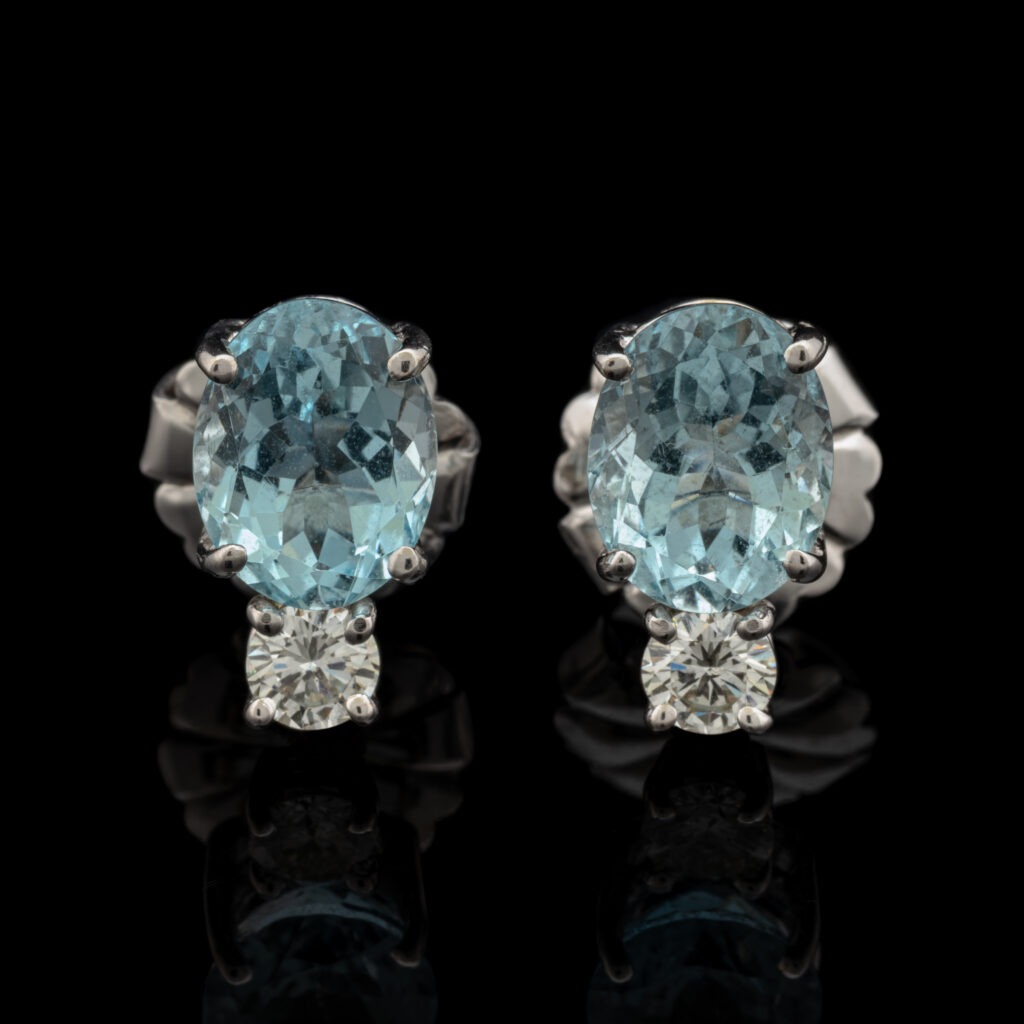 Pre-Owned Aquamarine & Diamond Post Earrings in 14K White Gold