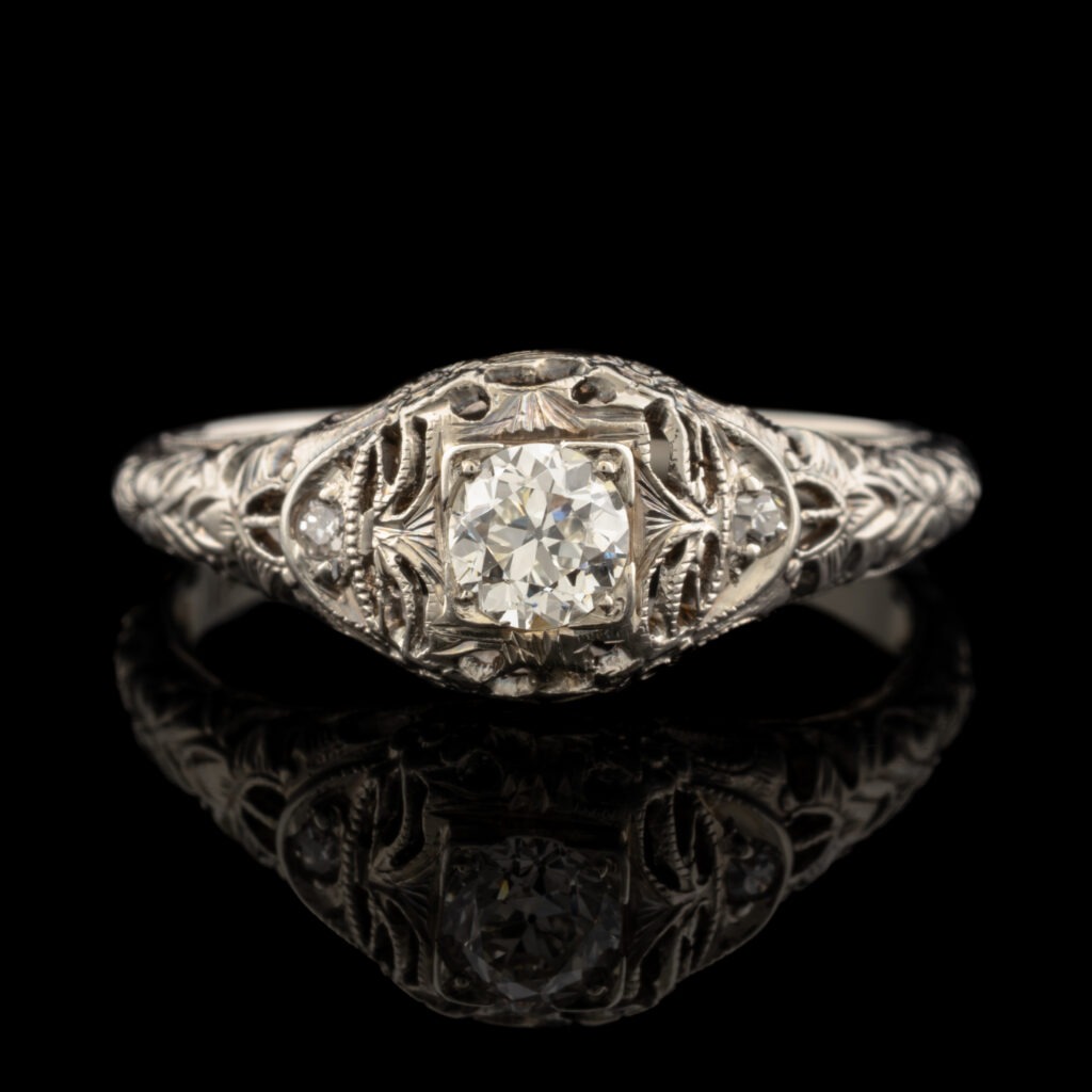 Antique Old Mine Cut Diamond Filigree Ring in 18K White Gold
