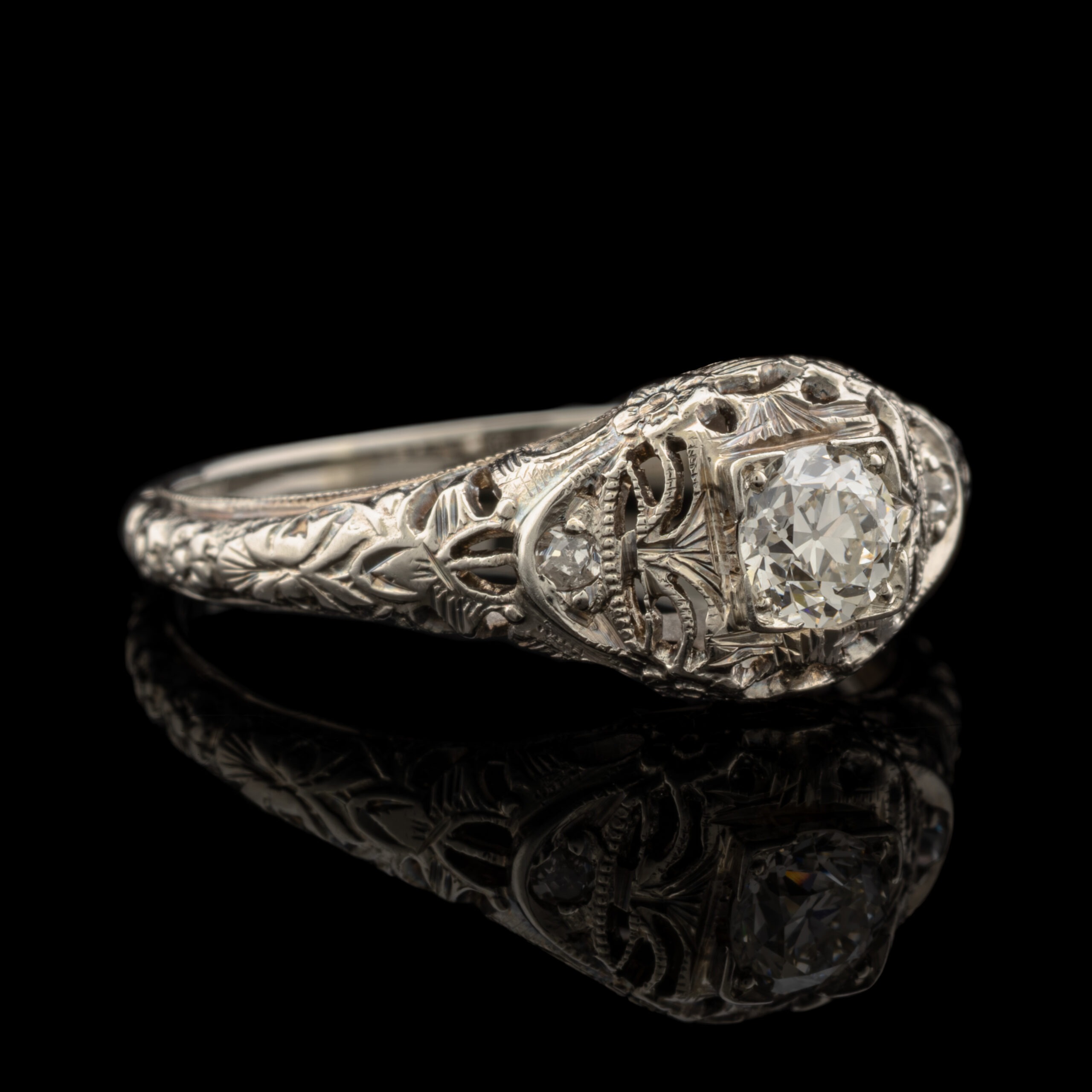 Antique Old Mine Cut Diamond Filigree Ring in 18K White Gold