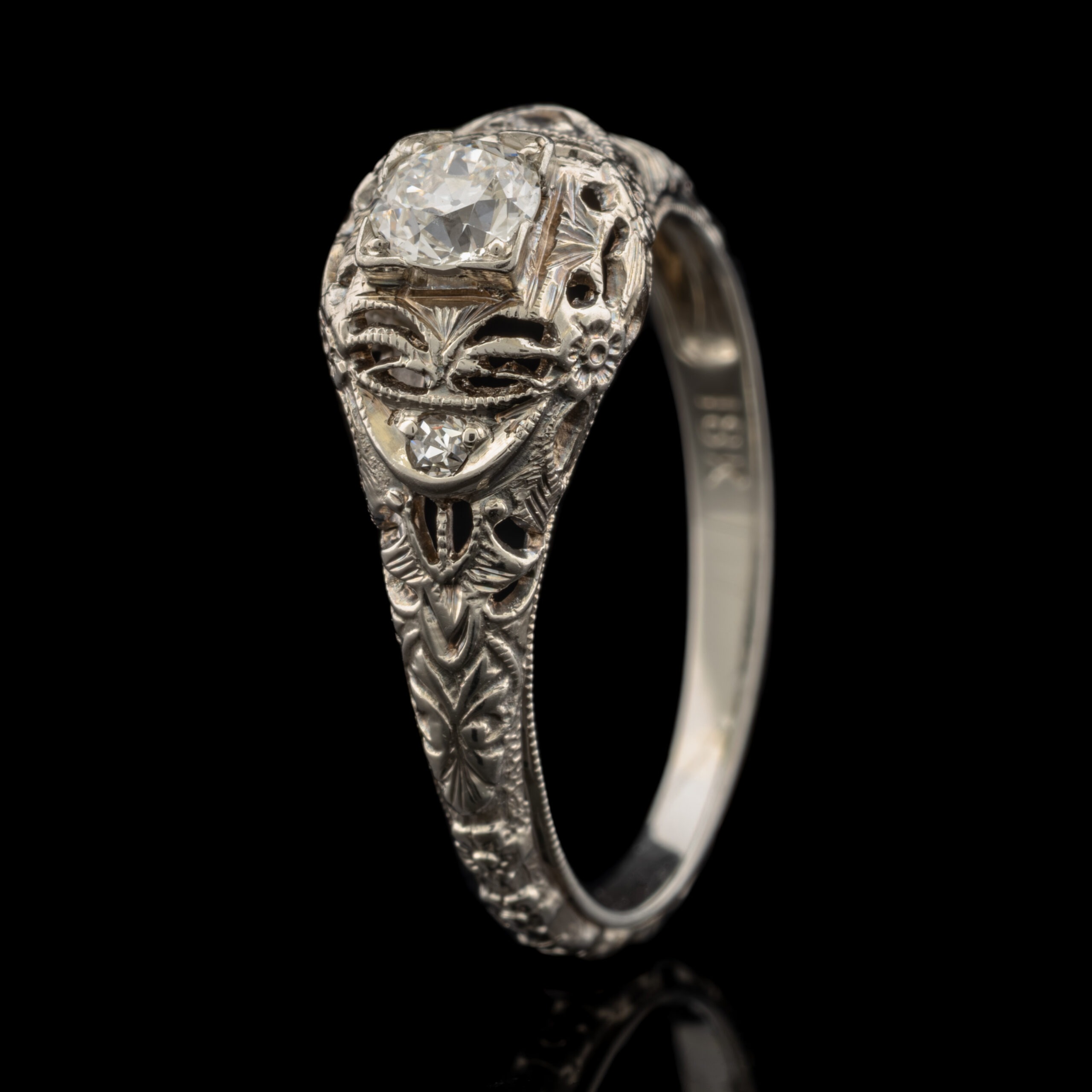 Antique Old Mine Cut Diamond Filigree Ring in 18K White Gold