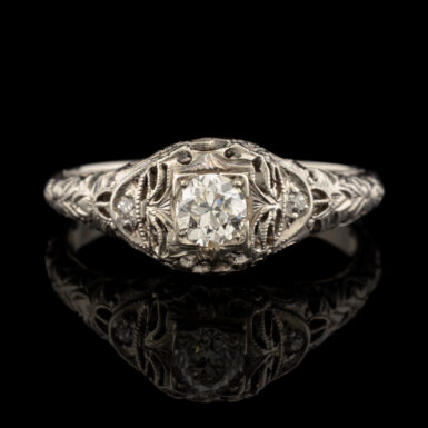 Antique Old Mine Cut Diamond Filigree Ring in 18K White Gold