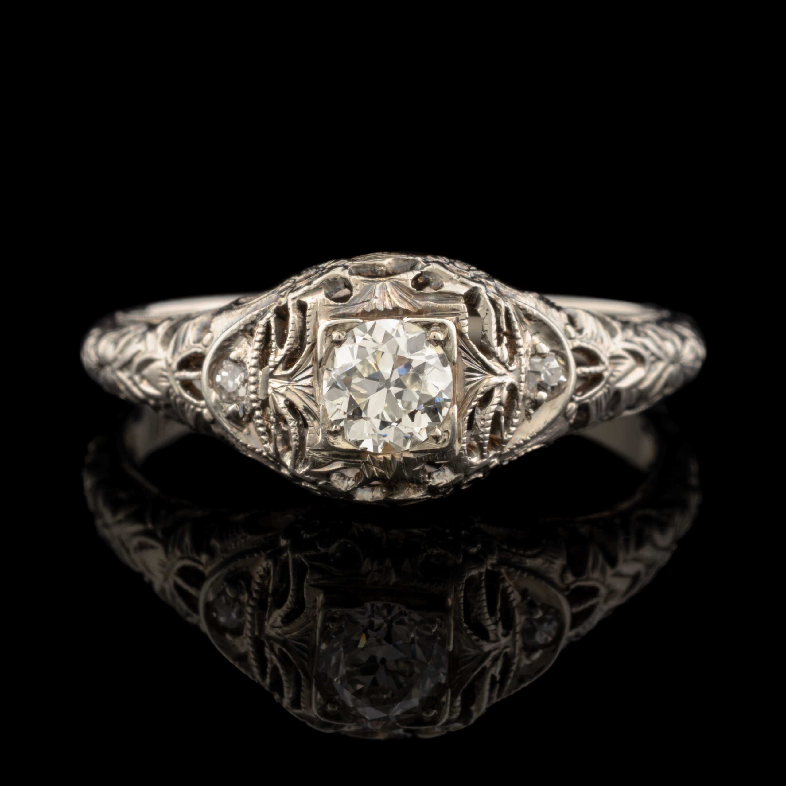 Antique Old Mine Cut Diamond Filigree Ring in 18K White Gold