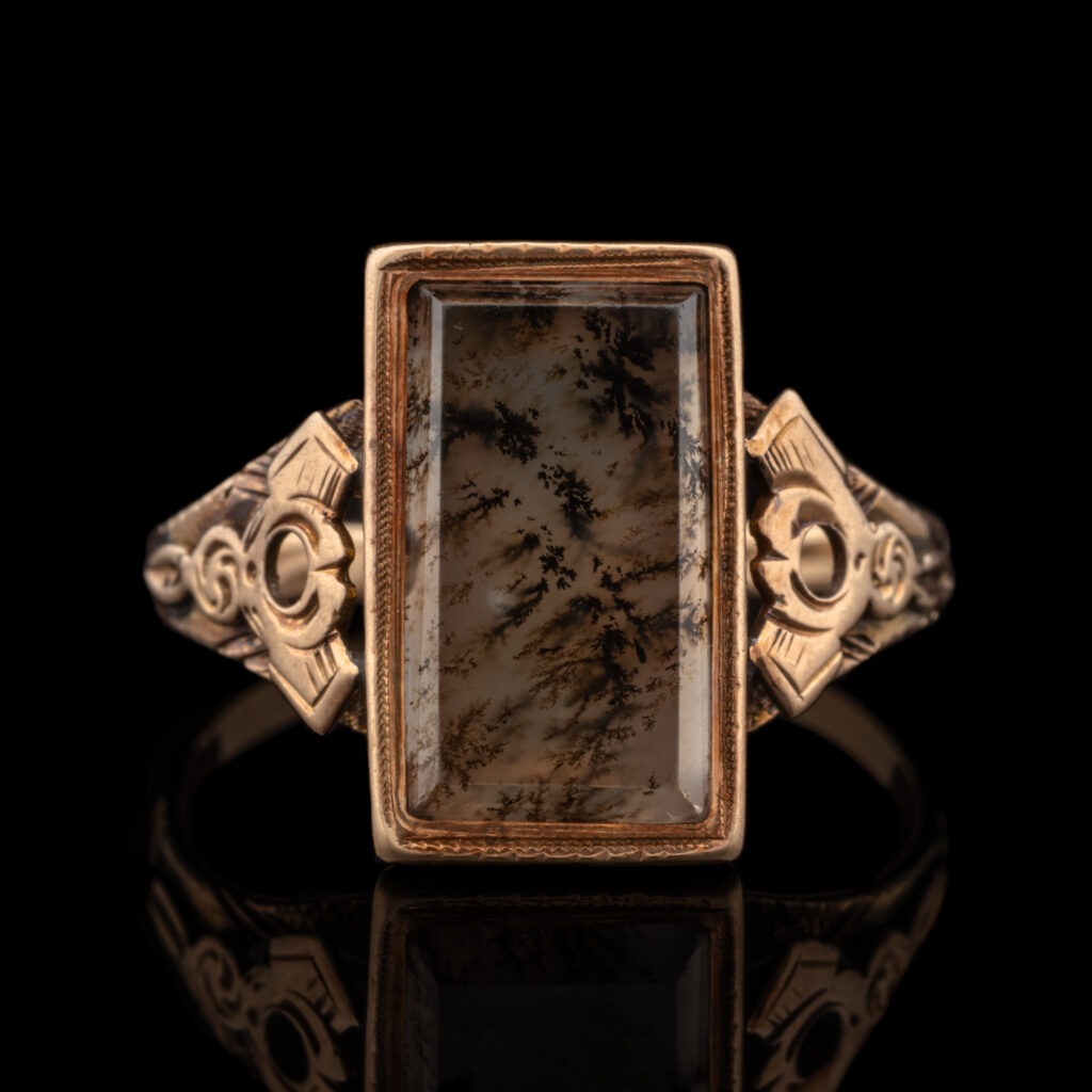 Antique Edwardian Moss Agate Ring in 10K Rose Gold