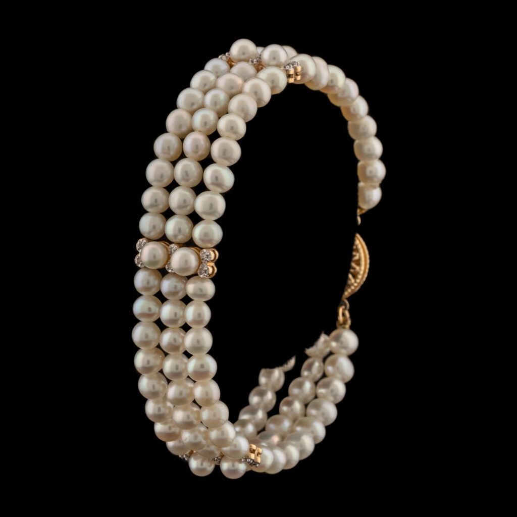 Pre-Owned Triple Strand Akoya Pearl & Diamond Bracelet in 14K