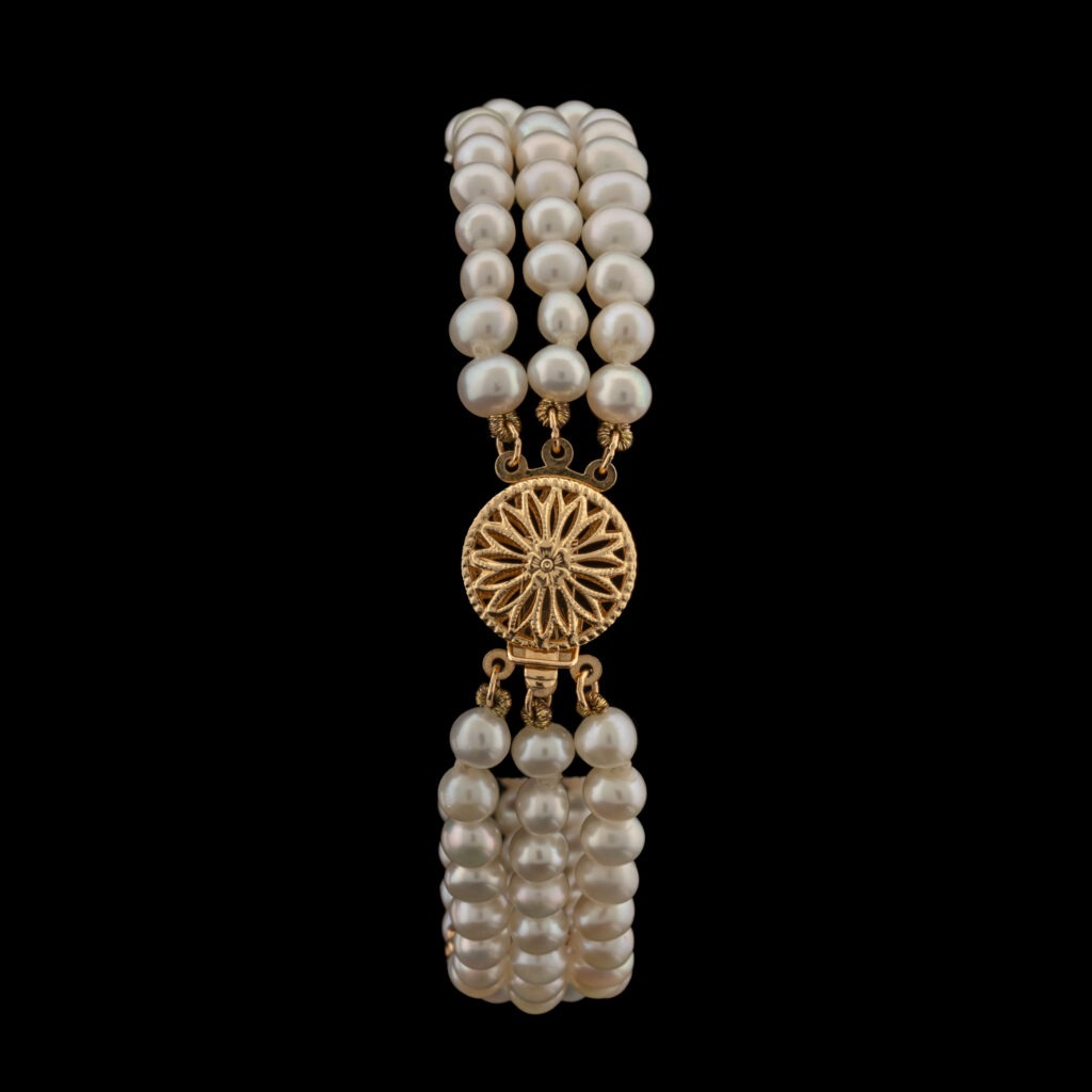 Pre-Owned Triple Strand Akoya Pearl & Diamond Bracelet in 14K