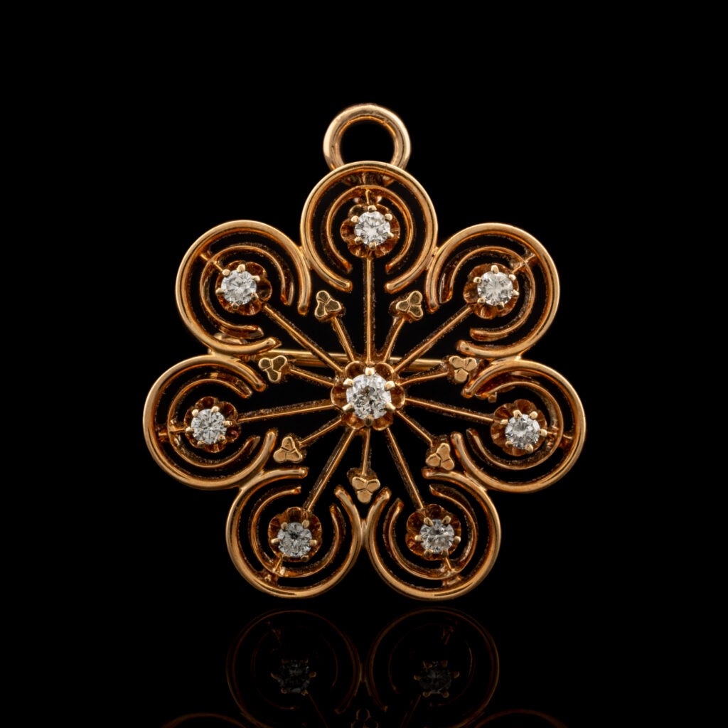 Antique Old Mine Cut Diamond Flower Brooch in 14K Rose Gold