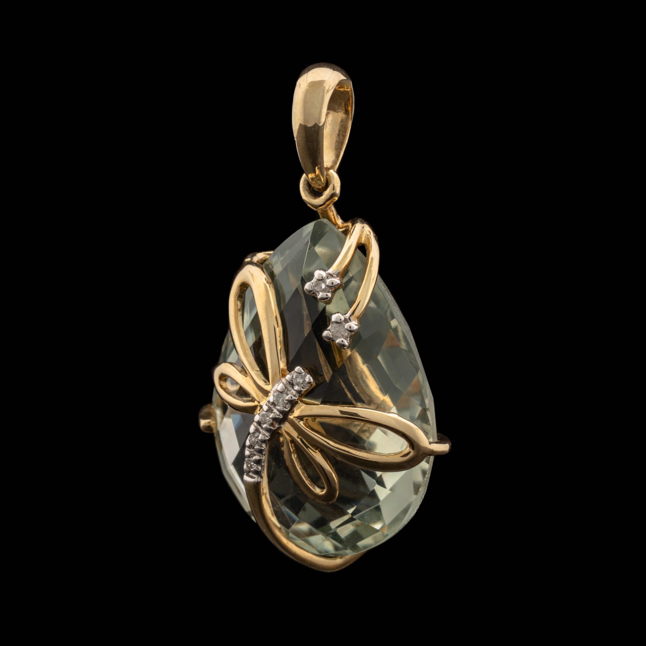 Pre-Owned Green Quartz & Diamond Dragonfly Pendant in 10K