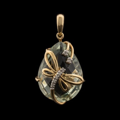 Pre-Owned Green Quartz & Diamond Dragonfly Pendant in 10K