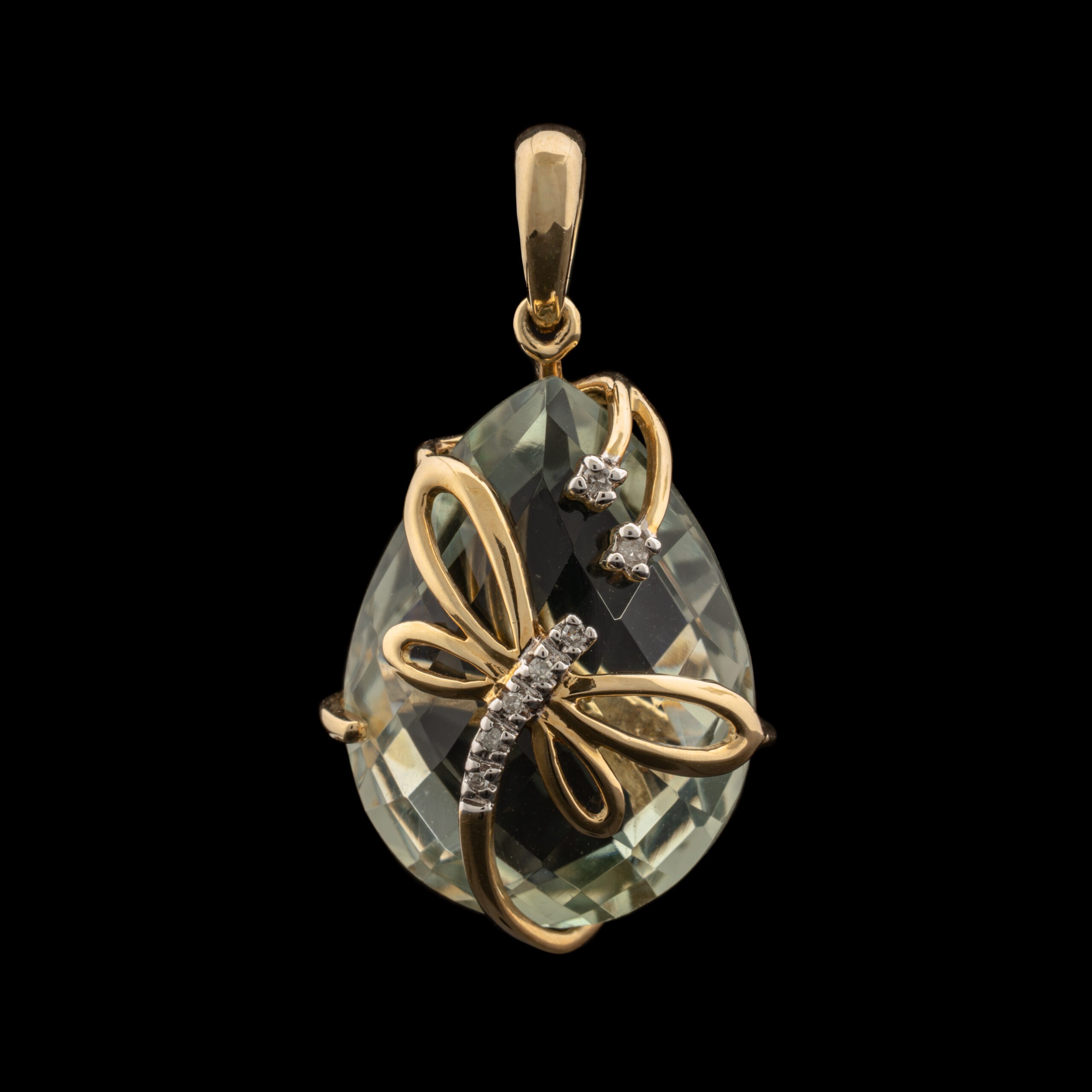 Pre-Owned Green Quartz & Diamond Dragonfly Pendant in 10K