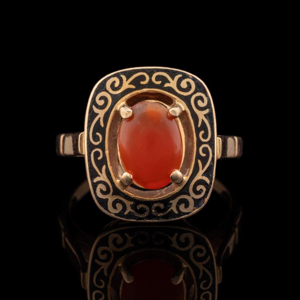 Vintage Carnelian & Black Enamel Ring in 14K