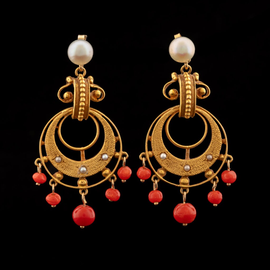 Vintage Coral & Pearl Chandelier Earrings in 14K