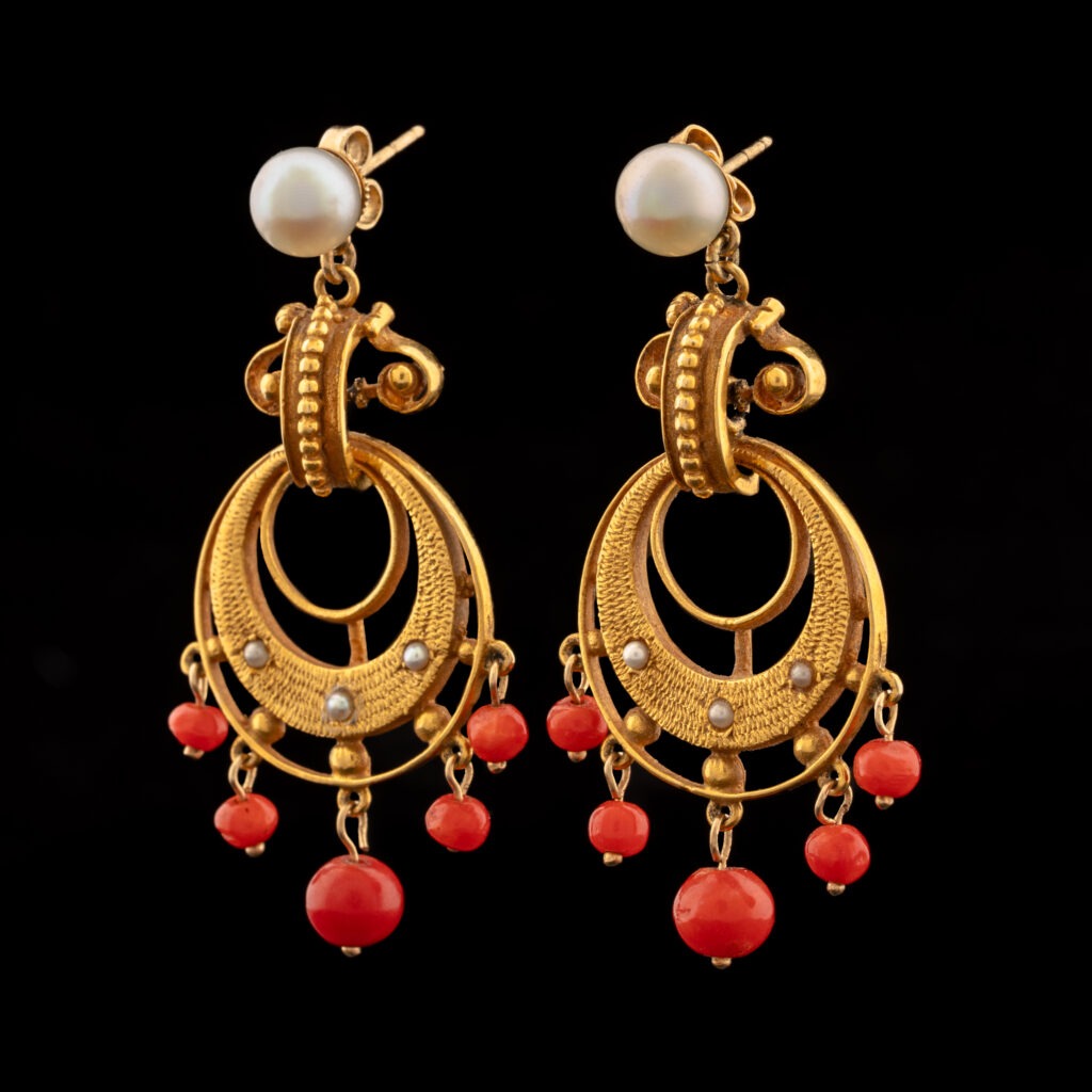 Vintage Coral & Pearl Chandelier Earrings in 14K