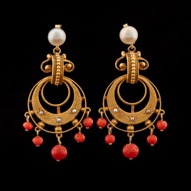 Vintage Coral & Pearl Chandelier Earrings in 14K