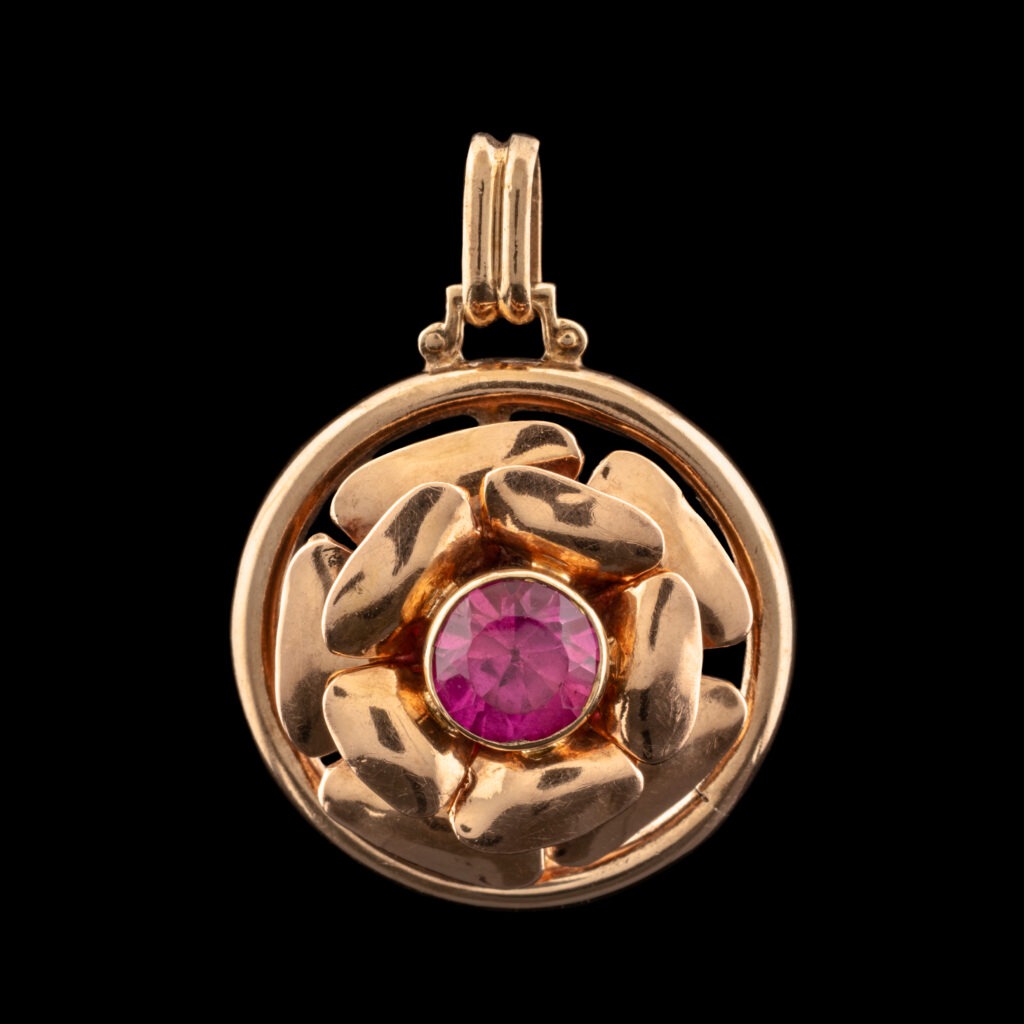Vintage Pink Synthetic Stone Flower Pendant in 10K Rose Gold